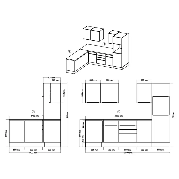 BAUHAUS Winkelküche Sandra - B x T: 280 x 170 cm, Weiß, Matt, Farbe Korpus: Artisan Eiche, Mit Elektrogeräten - Illustration einer Küchenzeile mit Maßen, die Details zu Schränken, Arbeitsplatten und Stauraumlösungen bietet.