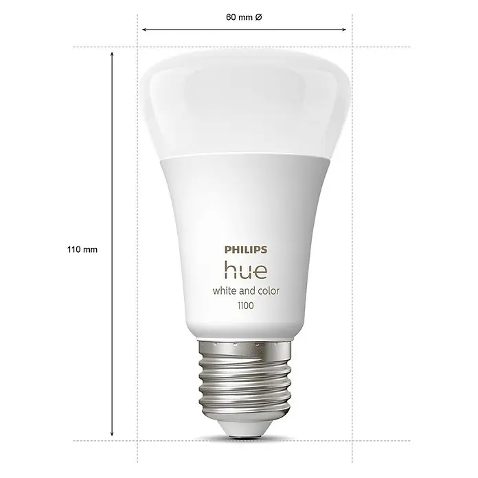 Philips Hue Smart-LED-Lampen Set White & Color - E27, Dimmbar, RGBW, 1.100 lm, 9 W, 1 Stk. - Abbildung einer smarten Philips Hue White and Color 1100 Glühbirne mit den Maßen 110 mm Höhe und 60 mm Durchmesser.