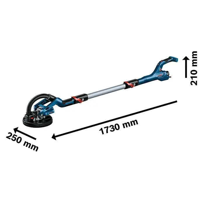 Bosch Professional Wand- & Deckenschleifer GTR 55-225 - 550 W, Durchmesser Schleifteller: 225 mm - Das Bild zeigt eine Bosch Wandschleifmaschine mit Maßangaben: 250 mm, 1730 mm und 210 mm.