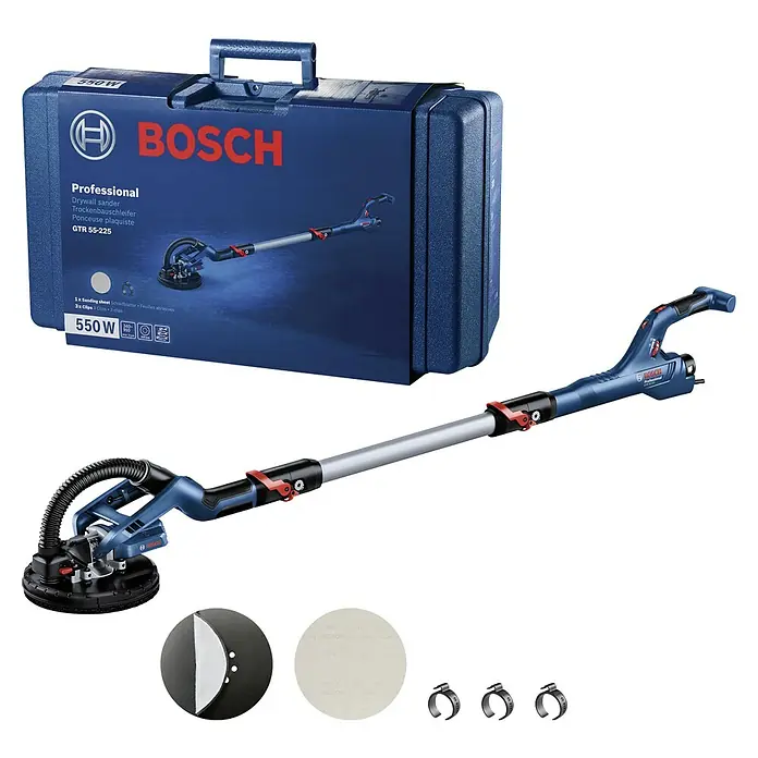 Bosch Professional Wand- & Deckenschleifer GTR 55-225 - 550 W, Durchmesser Schleifteller: 225 mm - Das Bild zeigt einen Bosch GTR 55-225 Trockenbauschleifer mit Zubehör und Koffer.
