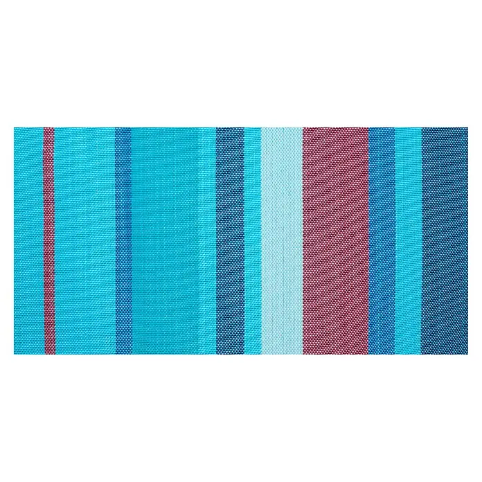 La Siesta Hängematte Brisa Kingsize - L x B: 400 x 180 cm, Wave - Nahaufnahme eines Stoffes mit bunten vertikalen Streifen in verschiedenen Blau-, Rot- und Weißtönen, die eine textile Oberfläche zeigen.