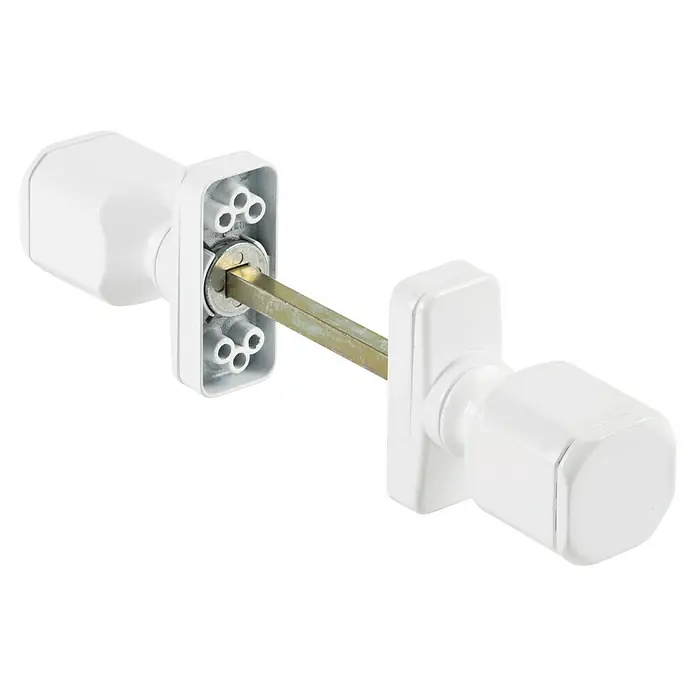 Pomo para puerta - Aluminio, Blanco - Primer plano de un pomo de puerta blanco con husillo cuadrado y placa de montaje sobre fondo negro, mostrando su mecánica y facilidad de instalación.