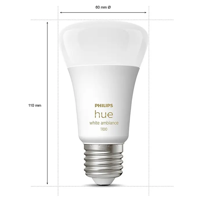 Philips Hue Smart-LED-Lampen Set White Ambiance - E27, Dimmbar, Warmweiß, 1.100 lm, 8 W, 2 Stk. - Produktabbildung einer Philips Hue White Ambiance 1100 Glühbirne mit den Abmessungen 60 mm Durchmesser und 110 mm Höhe.