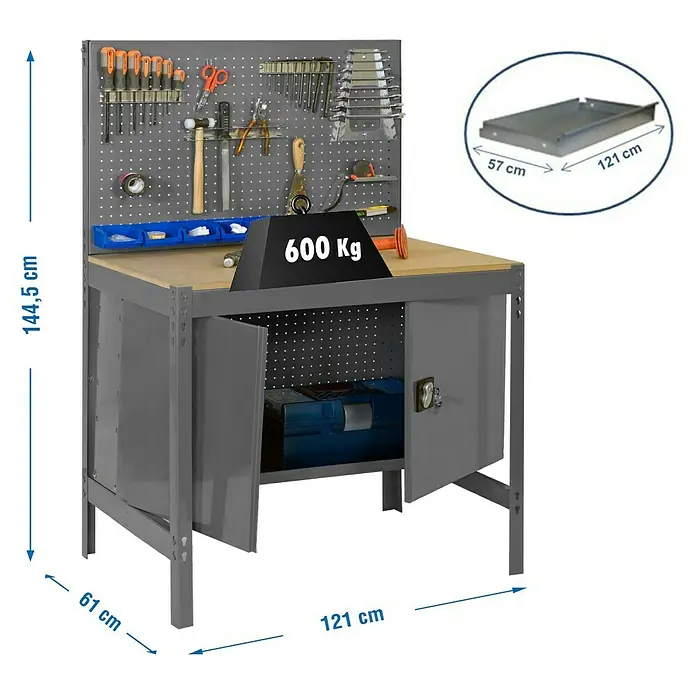 Simonrack Simonwork Werkbank BT2 Cabinet 1200 - L x B: 61 x 121 cm, Arbeitshöhe: 144,5 cm, Belastbarkeit: 600 kg, Grau - Werkbank mit Werkzeugen und Maßen. Die Werkbank ist grau und hat eine hölzerne Arbeitsplatte. Die Maße sind angegeben.\n