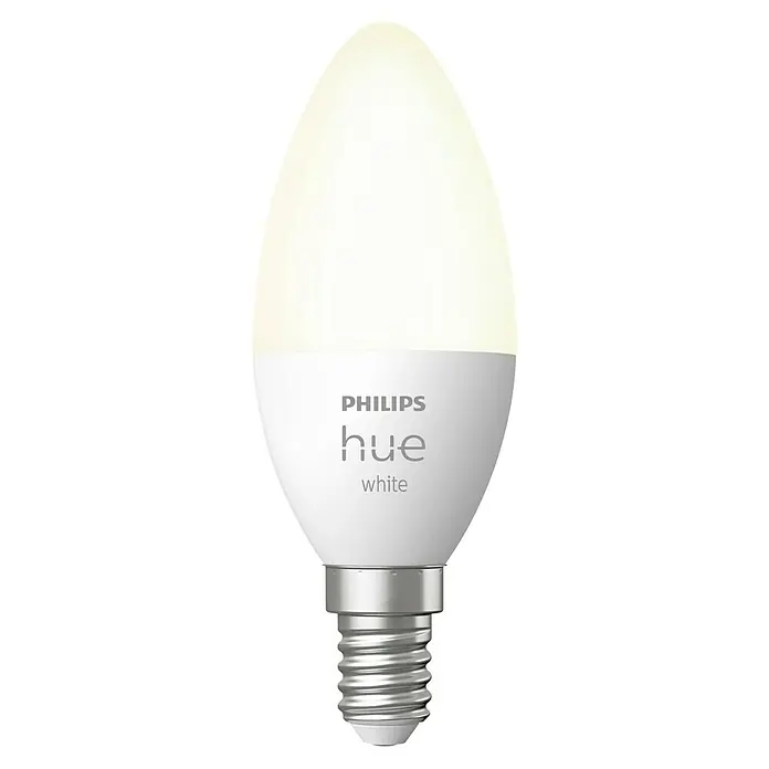 Philips Hue Smart-LED-Lampen Set White - E14, Dimmbar, Warmweiß, 470 lm, 5,5 W, Kerze, 1 Stk. - Nahaufnahme einer Philips Hue White Kerzenlampe, die ein warmes, einladendes Licht ausstrahlt und für smarte Beleuchtungslösungen steht.