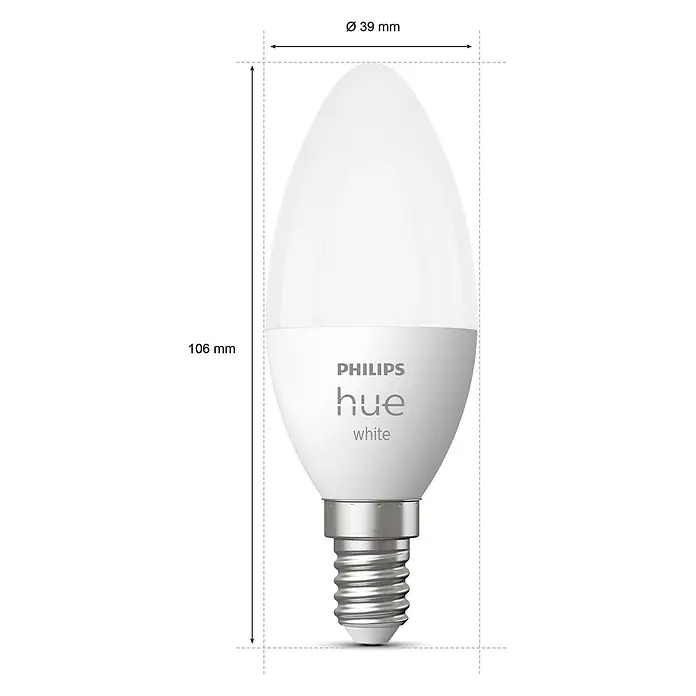 Philips Hue Smart-LED-Lampen Set White - E14, Dimmbar, Warmweiß, 470 lm, 5,5 W, Kerze, 1 Stk. - Philips Hue White Kerzenlampe mit E14-Fassung, Maße 39 mm Durchmesser und 106 mm Höhe, für stimmungsvolle Beleuchtung im Smart Home.