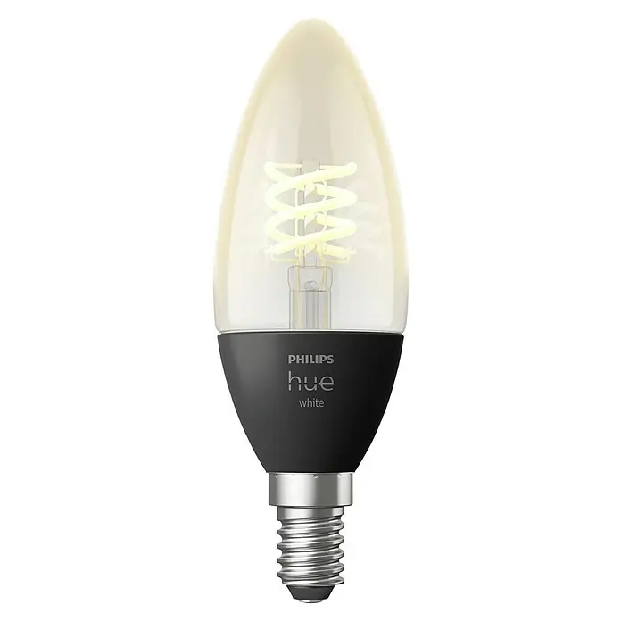 Philips Hue Smart-LED-Lampen Set Smart Vintage E27 - E14, Dimmbar, Warmweiß, 300 lm, 4,5 W, 1 Stk. - Nahaufnahme einer Philips Hue White Kerzenlampe, die intelligentes Licht und elegantes Design für Ihr Zuhause vereint.