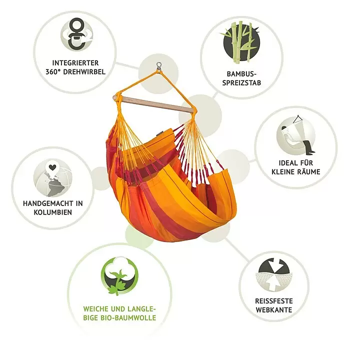 La Siesta Hängesessel Habana - Volcano - Bunter Hängesessel aus Bio-Baumwolle mit Bambus-Spreizstab, integriertem Drehwirbel und reißfester Webkante.