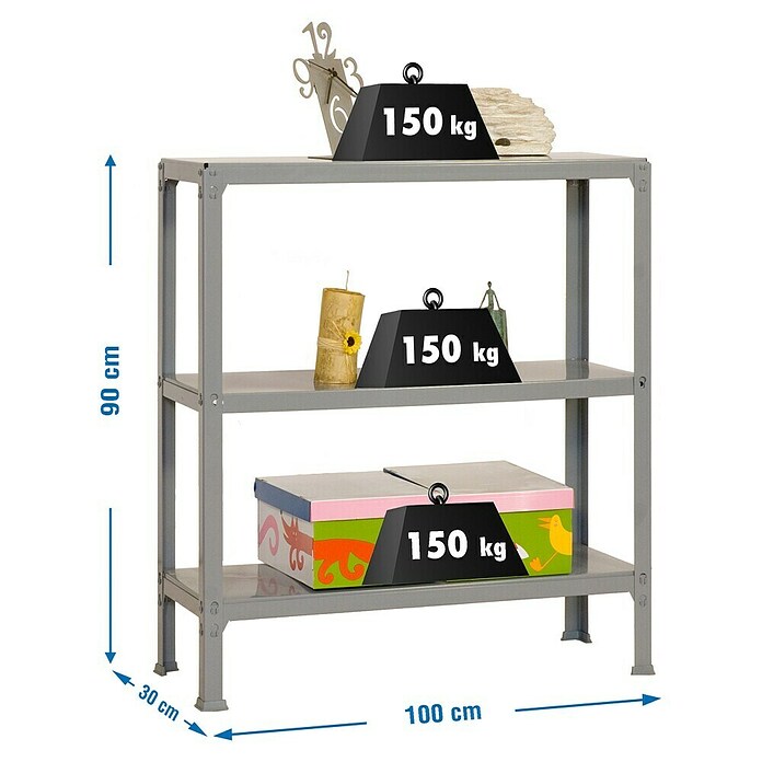 Simonrack Simonhome Estantería metálica Homeclick Plus (L x An x Al: 30 x 100 x 90 cm, Capacidad de carga: 150 kg/balda, Número de baldas: 3 ud., Gris)