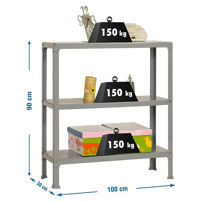 Simonrack Simonhome Metallregal Click Metall Plus - H x B x T: 90 x 100 x 30 cm, Traglast pro Boden: 150 kg, Anzahl Böden: 3 Stk., Stecken, Grau/Grau - Abbildung eines silbernen Metallregals mit drei Ebenen, belastbar mit je 150 kg, ideal für Lagerung und Organisation.