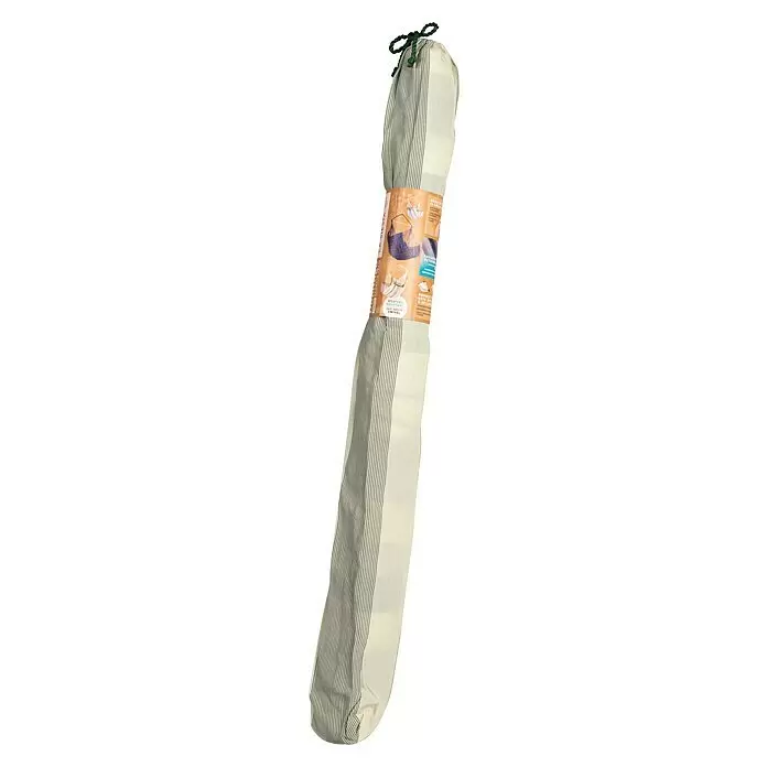 La Siesta Hängesessel Domingo Kingsize - Cedar - Gerollter Hängesessel in Cremeweiß-Grün gestreift, mit dunkelgrünem Seil gebunden und Produktetikett.