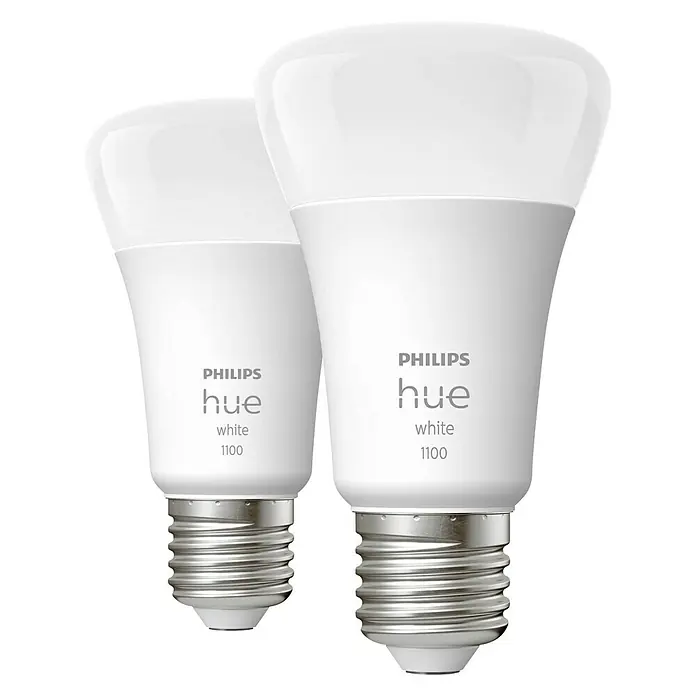 Philips Hue Smart-LED-Lampen Set White - E27, Dimmbar, Warmweiß, 1.055 lm, 9,5 W, 2 Stk. - Zwei Philips Hue White 1100 Glühbirnen im Detail, die intelligente Beleuchtung für ein vernetztes Zuhause bieten.