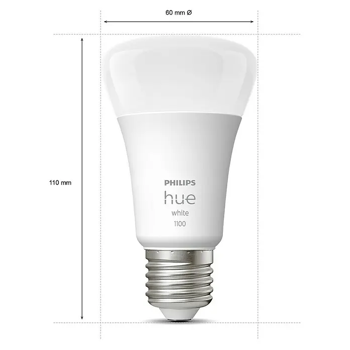 Philips Hue Smart-LED-Lampen Set White - E27, Dimmbar, Warmweiß, 1.055 lm, 9,5 W, 2 Stk. - Philips Hue White 1100 Lampe mit den Maßen 110 mm Höhe und 60 mm Durchmesser für smarte Beleuchtungslösungen im Haus.