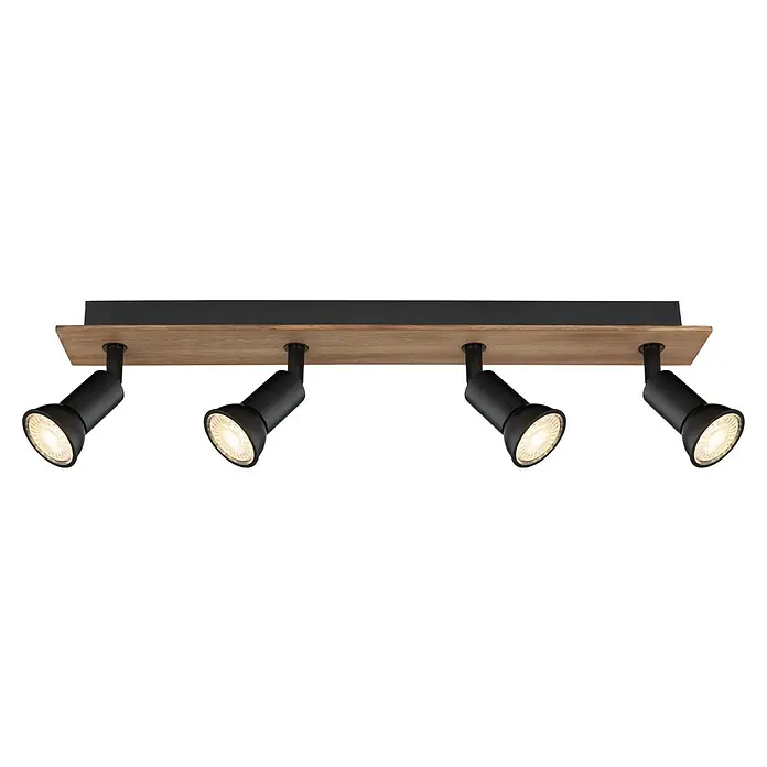 Globo Deckenstrahler Drew - 35 W, L x B x H: 50 x 6 x 9 cm, Schwarz, GU10, 4 Stk. - Moderne Deckenleuchte mit vier schwarzen Strahlern an einer Holzplatte, die ein warmes Licht spenden. Ideal für stilvolle Innenräume.