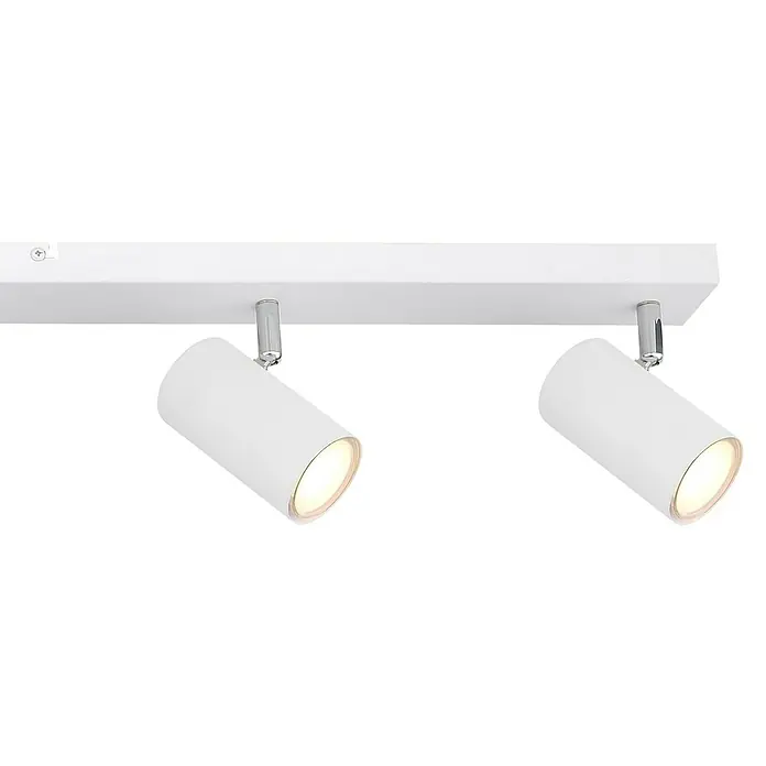 Globo Deckenstrahler Robby - 35 W, L x B x H: 115 x 60 x 12 cm, Weiß, GU10, 6 Stk. - Nahaufnahme einer weißen LED-Trackleuchte mit zwei Strahlern, die ein helles, gerichtetes Licht abgeben. Ideal für moderne Innenräume.