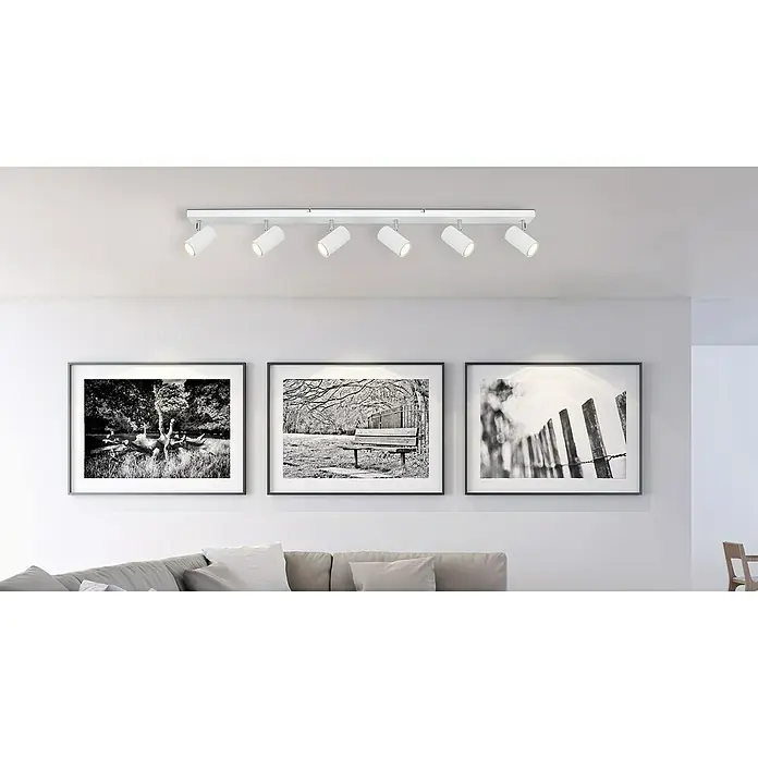 Globo Deckenstrahler Robby - 35 W, L x B x H: 115 x 60 x 12 cm, Weiß, GU10, 6 Stk. - Deckenleuchte mit sechs weißen Strahlern, die ein modernes Ambiente erzeugen und die darunterliegenden Bilder hervorheben.