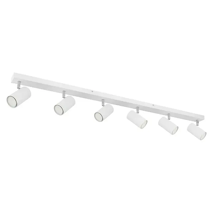 Globo Deckenstrahler Robby - 35 W, L x B x H: 115 x 60 x 12 cm, Weiß, GU10, 6 Stk. - Weiße Deckenleuchte mit sechs Strahlern. Die Spots sind zylinderförmig und an einer langen, rechteckigen Basis befestigt.