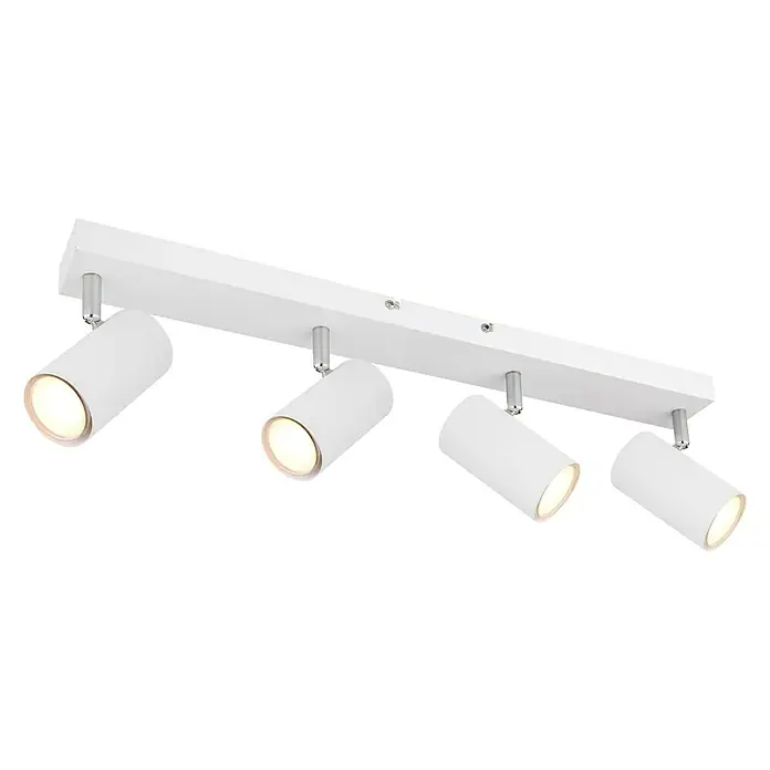 Globo Robby Regleta Robby - 35 W, L x An x Al: 56 x 6 x 12 cm, GU10 - Primer plano de una lámpara de techo LED blanca con cuatro focos, ideal para interiores modernos.