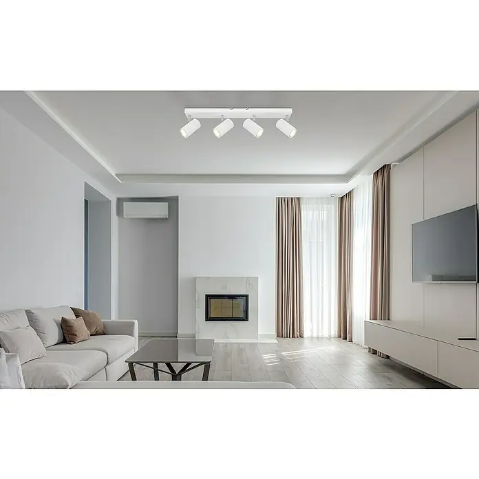 Globo Robby Regleta Robby - 35 W, L x An x Al: 56 x 6 x 12 cm, GU10 - Salón moderno con una lámpara de techo blanca con cuatro focos, que ilumina el interior luminoso. La luz mejora el ambiente de la estancia.