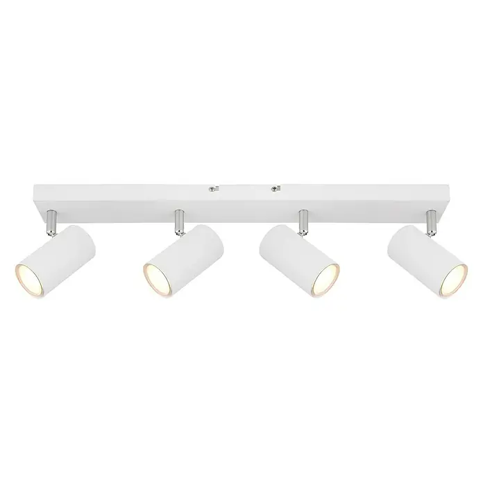 Globo Robby Regleta Robby - 35 W, L x An x Al: 56 x 6 x 12 cm, GU10 - Una lámpara de techo blanca moderna con cuatro focos ajustables ofrece iluminación versátil para cualquier espacio. Diseño elegante e iluminación funcional.
