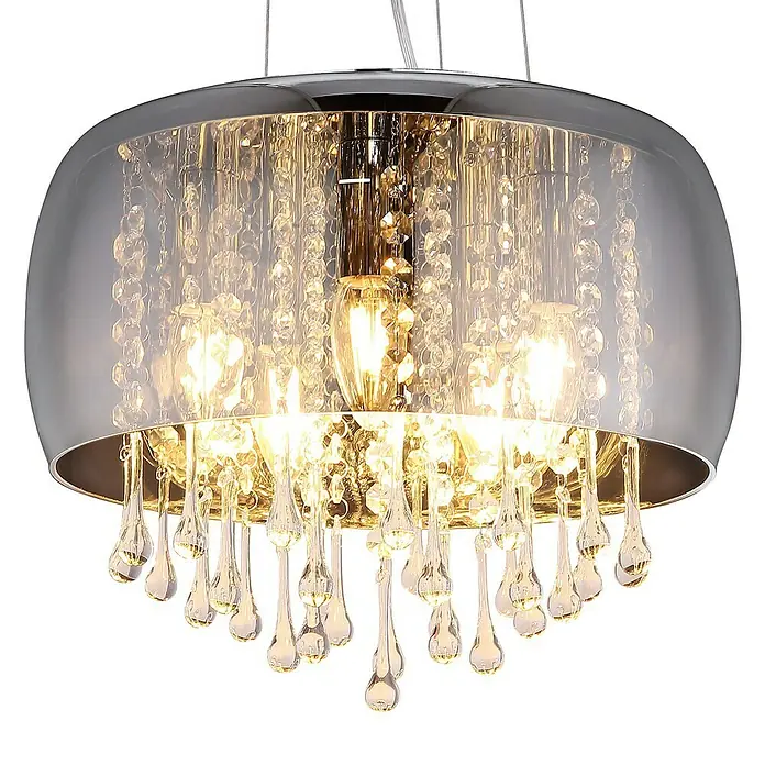Globo Pendelleuchte rund Kalla - Durchmesser: 35 cm, Höhe: 120 m, E14 - Diese Nahaufnahme zeigt eine moderne Lampe mit verchromter Halbkugel und glitzernden Kristalltropfen.