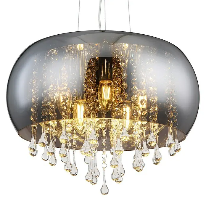 Globo Pendelleuchte rund Kalla - Durchmesser: 44 cm, Höhe: 120 cm, E14 - Elegante Pendelleuchte mit verchromter Oberfläche und funkelnden Kristallanhängern, die jedem Raum einen Hauch von Luxus verleiht.