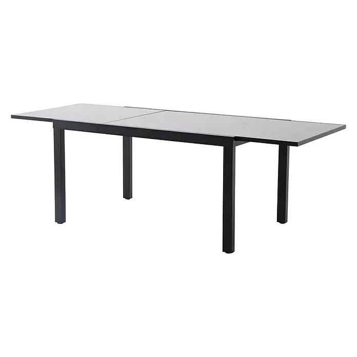 Sunfun Mesa de jardín Petra - L x An x Al: 140 x 90 x 75 cm, Negro - Una mesa de comedor rectangular con una tapa gris y un marco oscuro, ofreciendo un aspecto moderno y elegante. Ideal para comidas sociales.