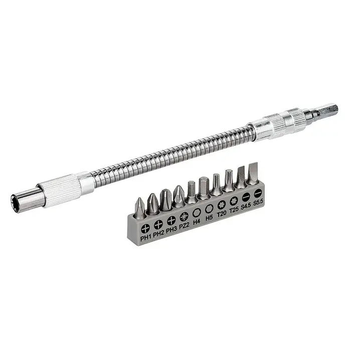 Bosch Set de puntas Flexible - 11 pzs., Longitud de punta: 200 mm - Extensión flexible para destornillador con varias puntas en un soporte para uso versátil.