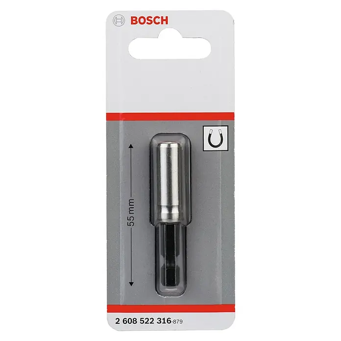 Bosch Portabits para herramientas eléctricas Impact Control - Acero - Portapuntas magnético Bosch con una longitud de 55 mm en un embalaje del producto.