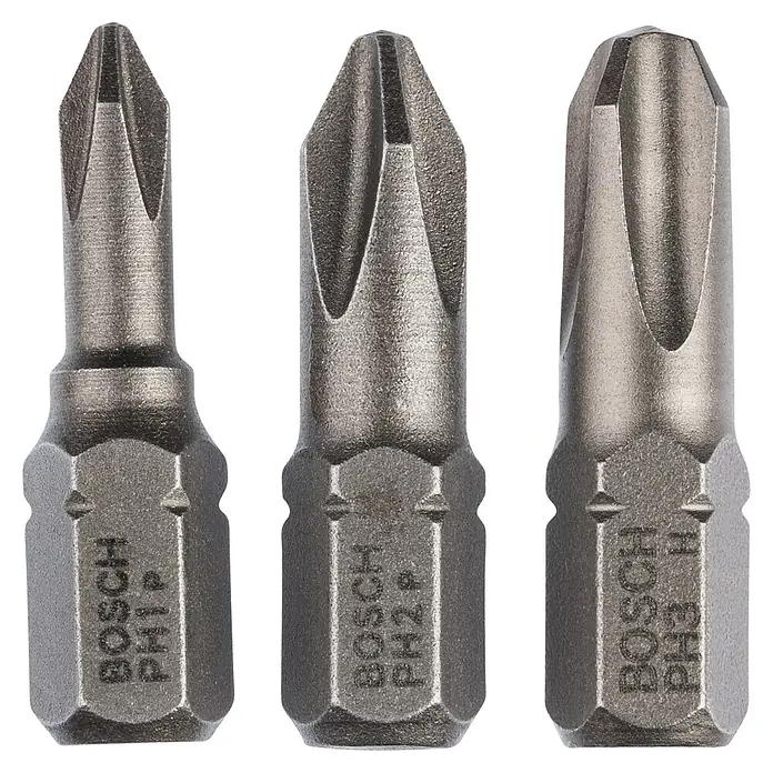 Bosch Punta Extra Hard - PH1/PH2/PH3, 25 mm - Puntas de destornillador Bosch: PH1, PH2 y PH3. Un conjunto de puntas duraderas para varios tamaños de tornillo, ideal para bricolaje y profesionales.