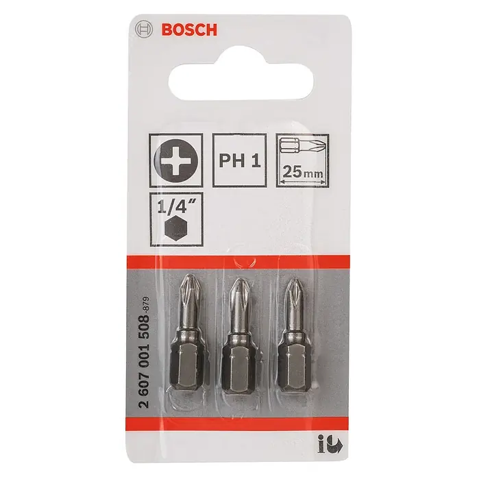 Bosch Punta Extra Hard C - PH 1, 25 mm, 3 ud. - Paquete de tres puntas de destornillador Bosch PH 1, de 25 mm de longitud con un vástago hexagonal de 1/4 de pulgada.