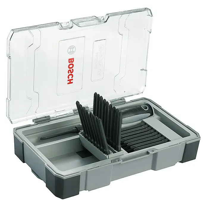 Bosch Set de puntas Extra Hard - 37 pzs. - Juego de puntas de destornillador Bosch en una caja transparente y gris. El juego incluye varias puntas y un destornillador.