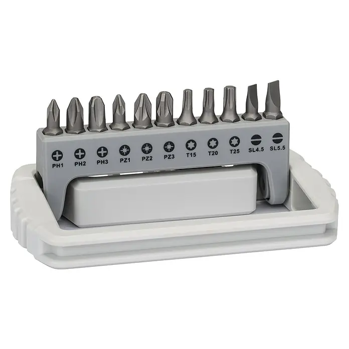 Bosch Set de puntas Extra Hard - 25 mm, 12 pzs. - Un juego de varias puntas de destornillador, incluyendo las de ranura, Phillips y Torx, presentadas de forma ordenada en un soporte.