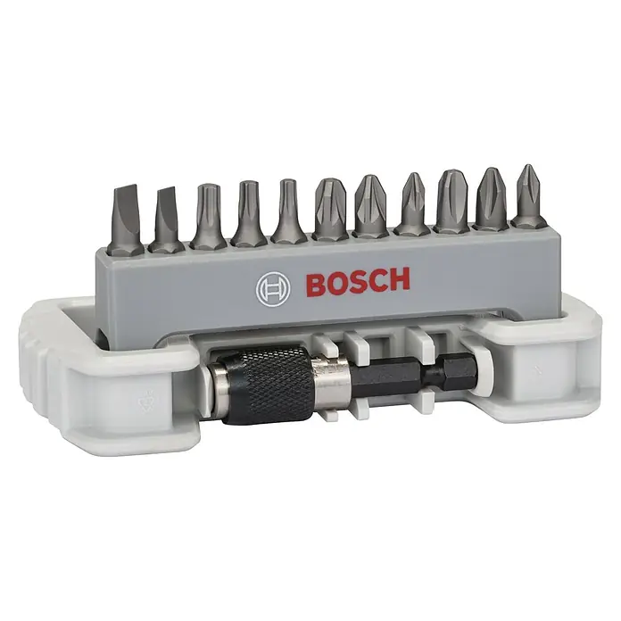 Bosch Set de puntas Extra Hard - 25 mm, 12 pzs. - Juego de puntas Bosch con varias puntas de destornillador y un portapuntas, bien presentado en un soporte, ideal para aficionados al bricolaje y profesionales.