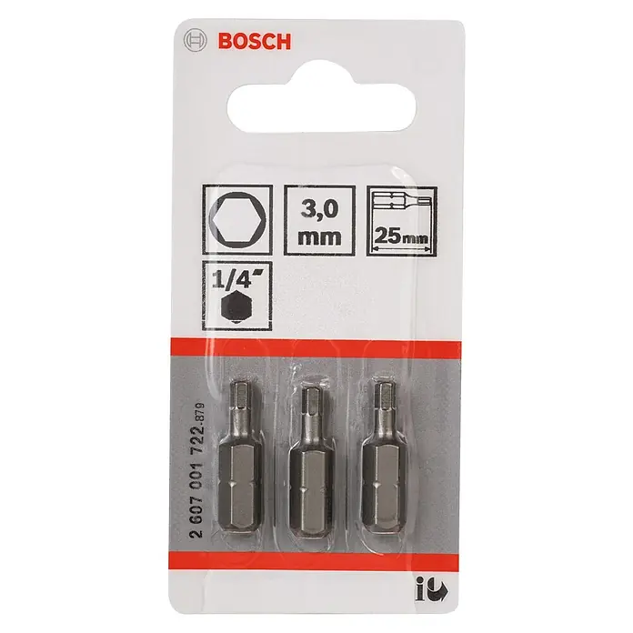 Bosch Punta Extra Hard C - HEX 3 mm, 25 mm - Imagen de un juego de puntas hexagonales Bosch de 3,0 mm, 25 mm de largo, para tareas de atornillado. Ideal para aficionados al bricolaje y profesionales.