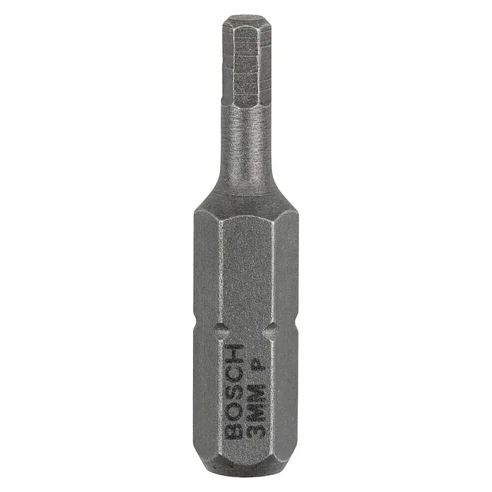 Bosch Punta Extra Hard C - HEX 3 mm, 25 mm - Primer plano de una punta de destornillador hexagonal Bosch de 3 mm, diseñada para tareas de atornillado de alta precisión.