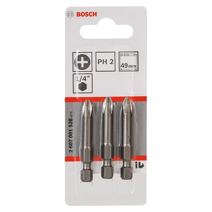 Bosch Punta Extra Hard E - PH 2, 49 mm, 3 ud. - Un paquete de puntas de destornillador PH2 de Bosch, de 49 mm de largo, aptas para portavasos de 1/4". Ideal para tareas de atornillado.