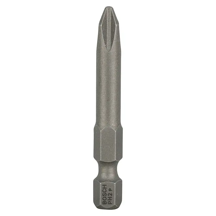 Bosch Punta Extra Hard E - PH 2, 49 mm, 3 ud. - Primer plano de una punta de destornillador Bosch PH2, perfecta para diversas tareas de atornillado, robusta y duradera para uso profesional.