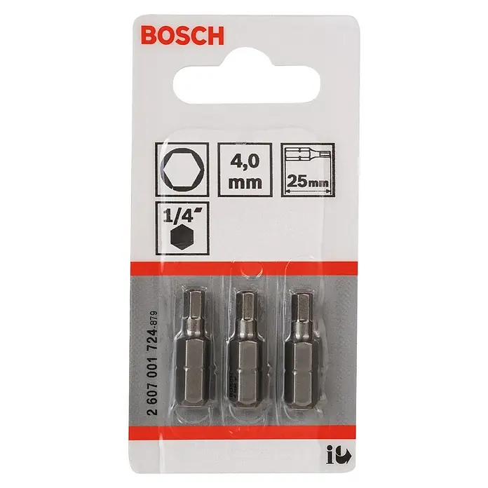 Bosch Punta Extra Hard C - HEX 4 mm, 25 mm - Un paquete de tres brocas hexagonales de 4 mm de Bosch, cada una de 25 mm de largo con un accionamiento de 1/4".