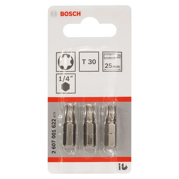 Bosch Punta Extra Hard C - TX 30, 25 mm, 3 ud. - Paquete de tres puntas Torx T30 de Bosch, de 25 mm de longitud, con vástago hexagonal de 1/4", ideal para tornillos Torx.