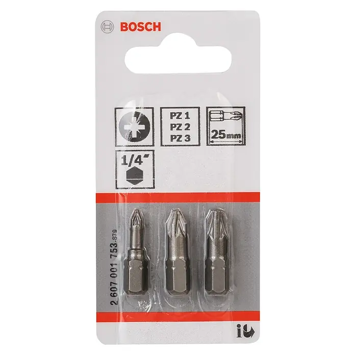 Bosch Punta Extra Hard - PZ1/PZ2/PZ3, 25 mm - Imagen de un embalaje de Bosch con tres puntas de destornillador PZ1, PZ2 y PZ3, de 25 mm de longitud y con un mango hexagonal de 1/4".