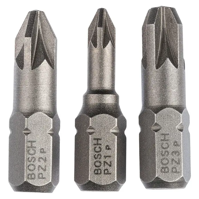 Bosch Punta Extra Hard - PZ1/PZ2/PZ3, 25 mm - Imagen de tres puntas de destornillador Pozidriv de Bosch: PZ2, PZ1 y PZ3. Ideales para atornillar.