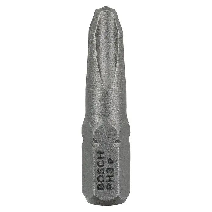Bosch Punta Extra Hard C - PH 3, 25 mm, 3 ud. - Primer plano de una punta de atornillar de metal Bosch PH3 P, utilizada para atornillar.