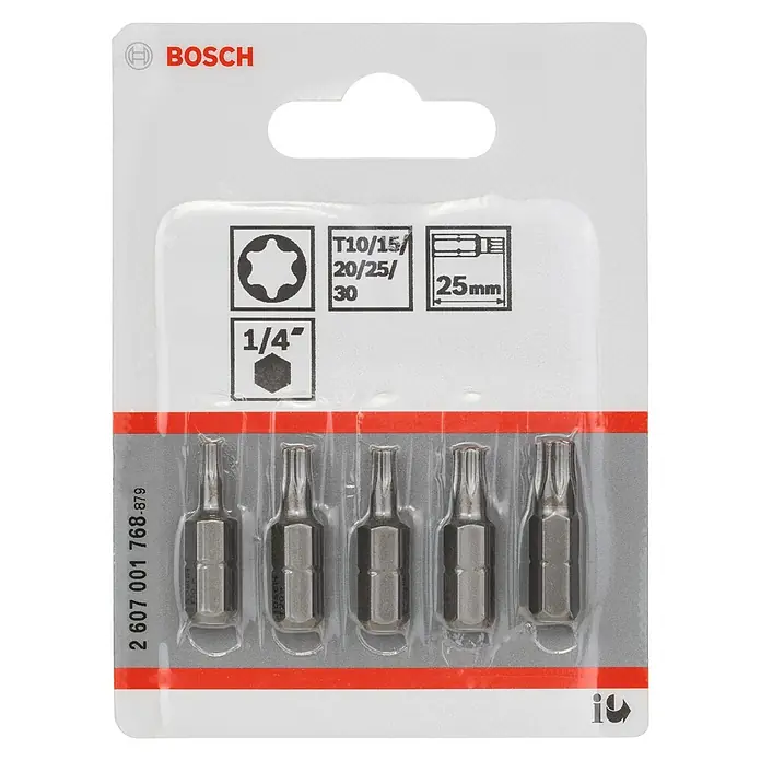 Bosch Punta Extra Hard - T10, 25 mm - Un juego de 5 puntas Torx de Bosch, tamaños T10 a T30, longitud de 25 mm, con vástago de 1/4 de pulgada para atornilladores y taladros.