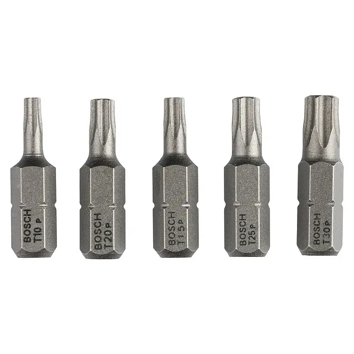 Bosch Punta Extra Hard - T10, 25 mm - Primer plano de 5 puntas Torx Bosch (T10, T20, T15, T25, T30) para destornilladores, ideales para bricolaje y profesionales.