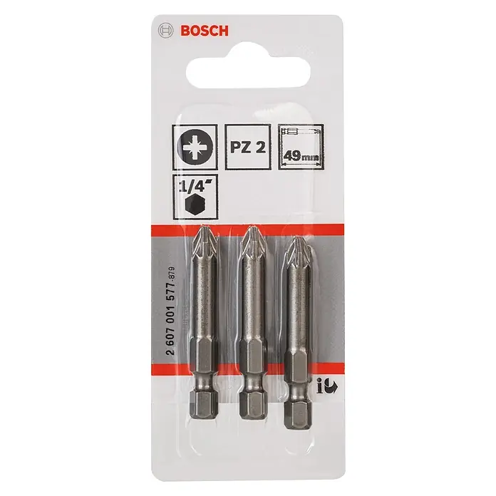 Bosch Punta Extra Hard E - PZ 2, 49 mm, 3 ud. - Imagen de un juego de puntas de destornillador Bosch PZ 2 con tres puntas, 49 mm de largo, vástago hexagonal de 1/4", empaquetado en una tarjeta.