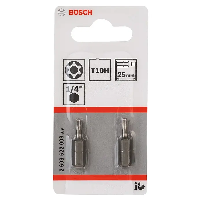 Bosch Punta Extra Hard C - T10, 25 mm, 2 ud. - Imagen de un paquete de puntas Bosch T10H, que muestra dos puntas de 25 mm con vástago de 1/4", perfectas para tareas de atornillado.\n