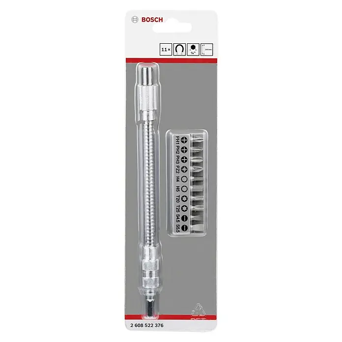 Bosch Set de puntas Flexible - 11 pzs., Longitud de punta: 200 mm - Destornillador flexible de Bosch con 11 puntas, ideal para lugares de difícil acceso. Una herramienta práctica para cualquier taller.
