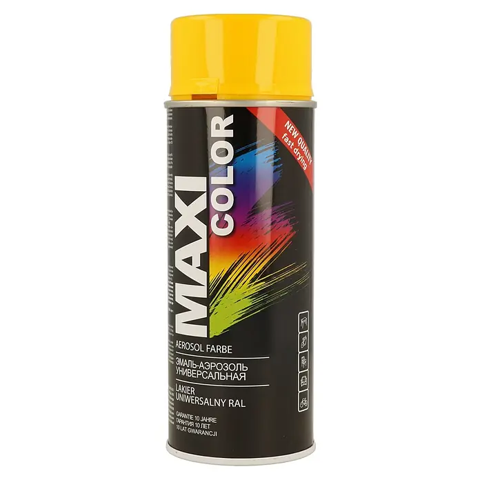 Dupli-Color Pintura decorativa en spray Maxi color - RAL1023, Brillante, 400 ml - Bote de pintura en aerosol amarillo "Maxi Color", con impresiones y símbolos que resaltan la versatilidad y calidad del producto.