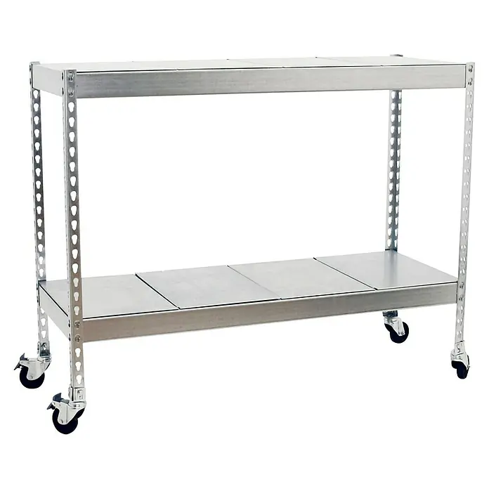 Simonrack Simontaller Estantería metálica Metal Mobile - Al x An x Pr: 90 x 150 x 75 cm, Capacidad de carga por balda: 75 kg, Número de baldas: 2 ud., Inserción, Plateado, Ruedas - Mesa de trabajo de metal resistente con ruedas, ideal para talleres o cocinas. El estante inferior ofrece espacio de almacenamiento adicional.